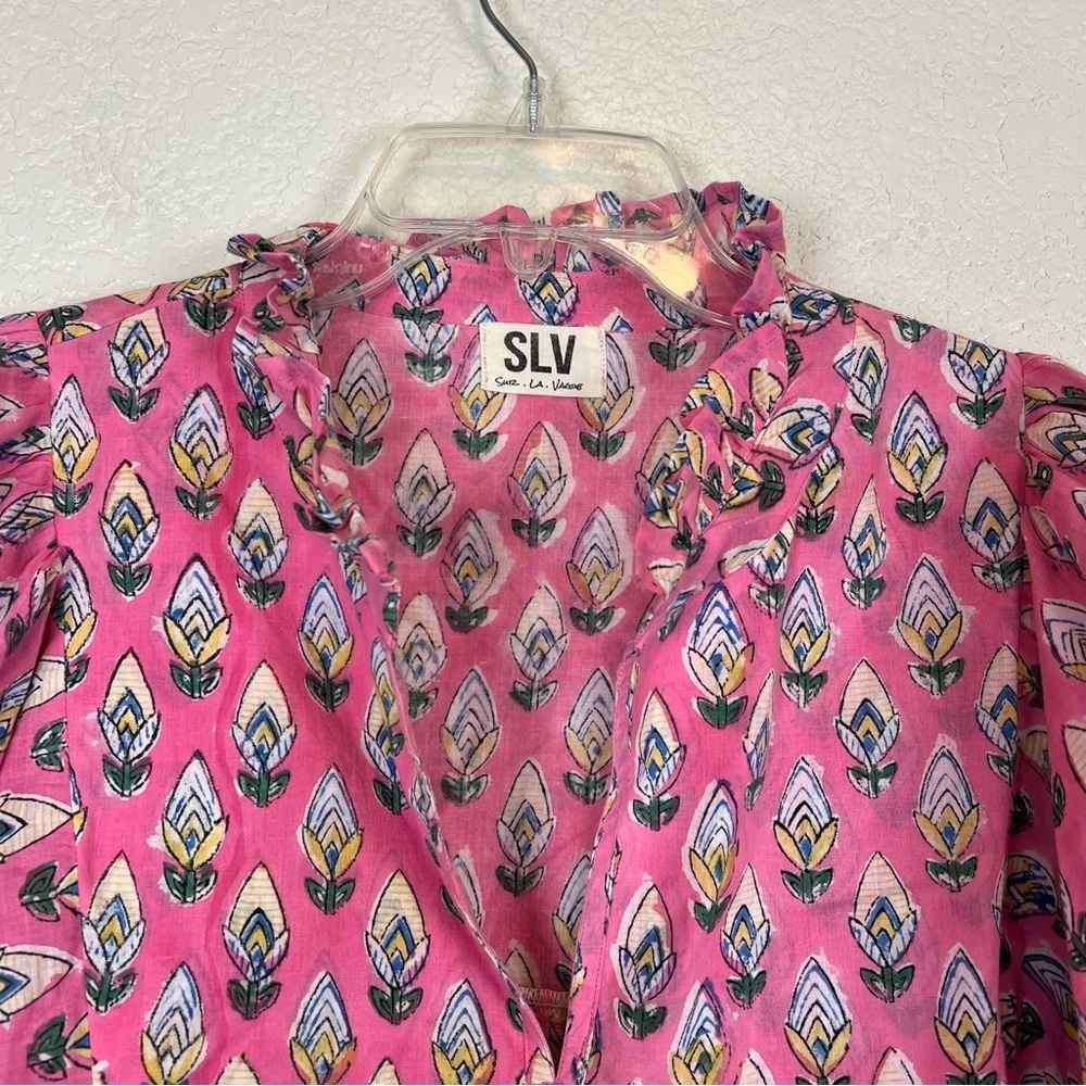 Sur La Vague Women's Pink Floral Puff Sleeve Flowy Ruffle Neck Blouse Small - Picture 4 of 12